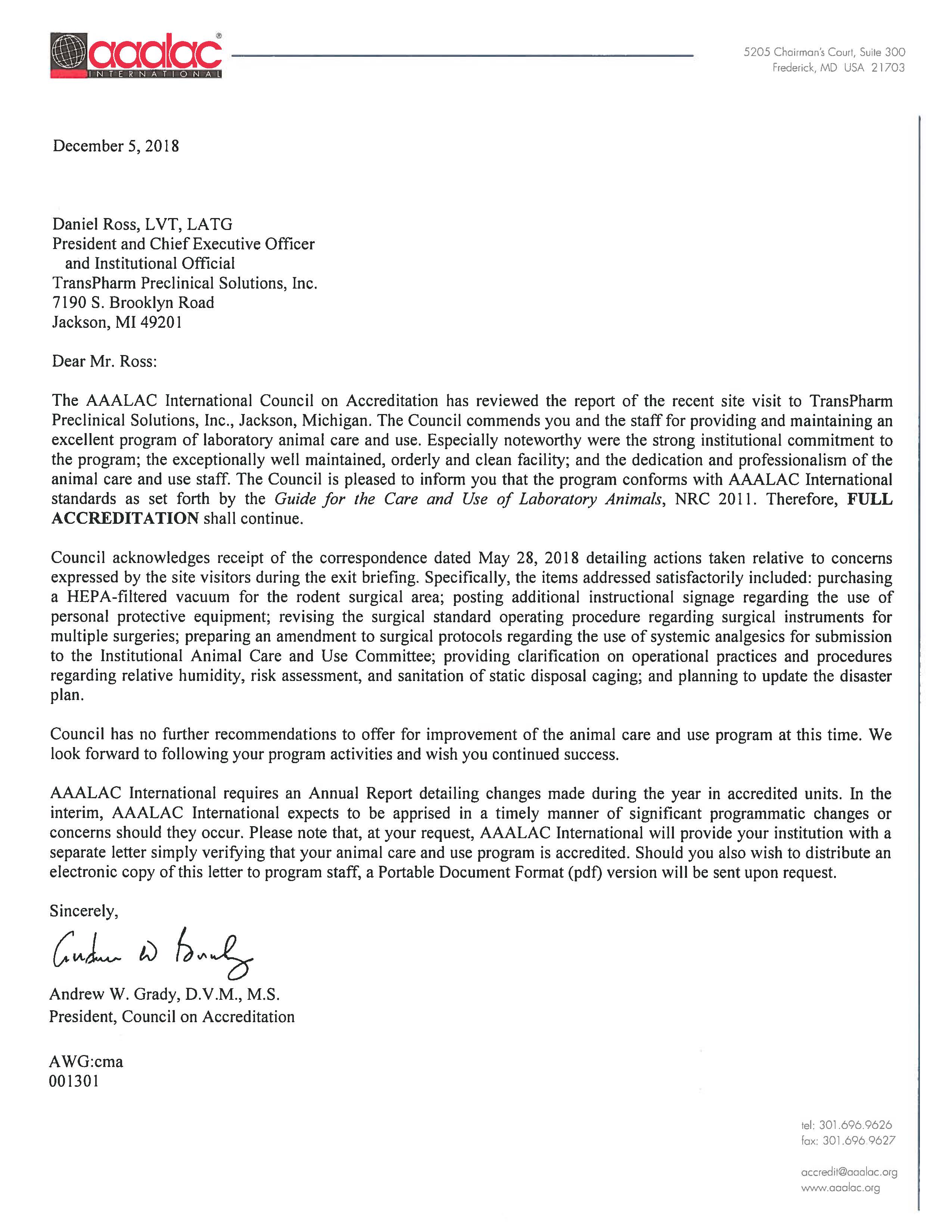 AAALAC accreditation renewal letter